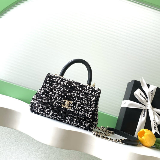 CC AS2215 Mini Flap Bag with Top Handle Black Tweed