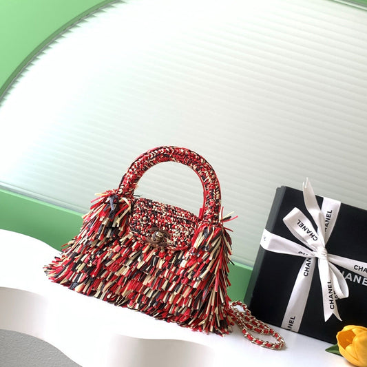 CC 2026 Mini Shopping Bag Black Red Yellow Raffia Fringe