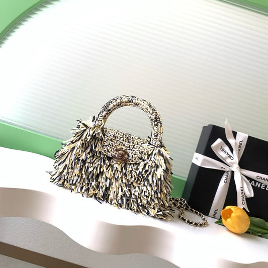 CC 2026 Mini Shopping Bag Black White Yellow Raffia Fringe