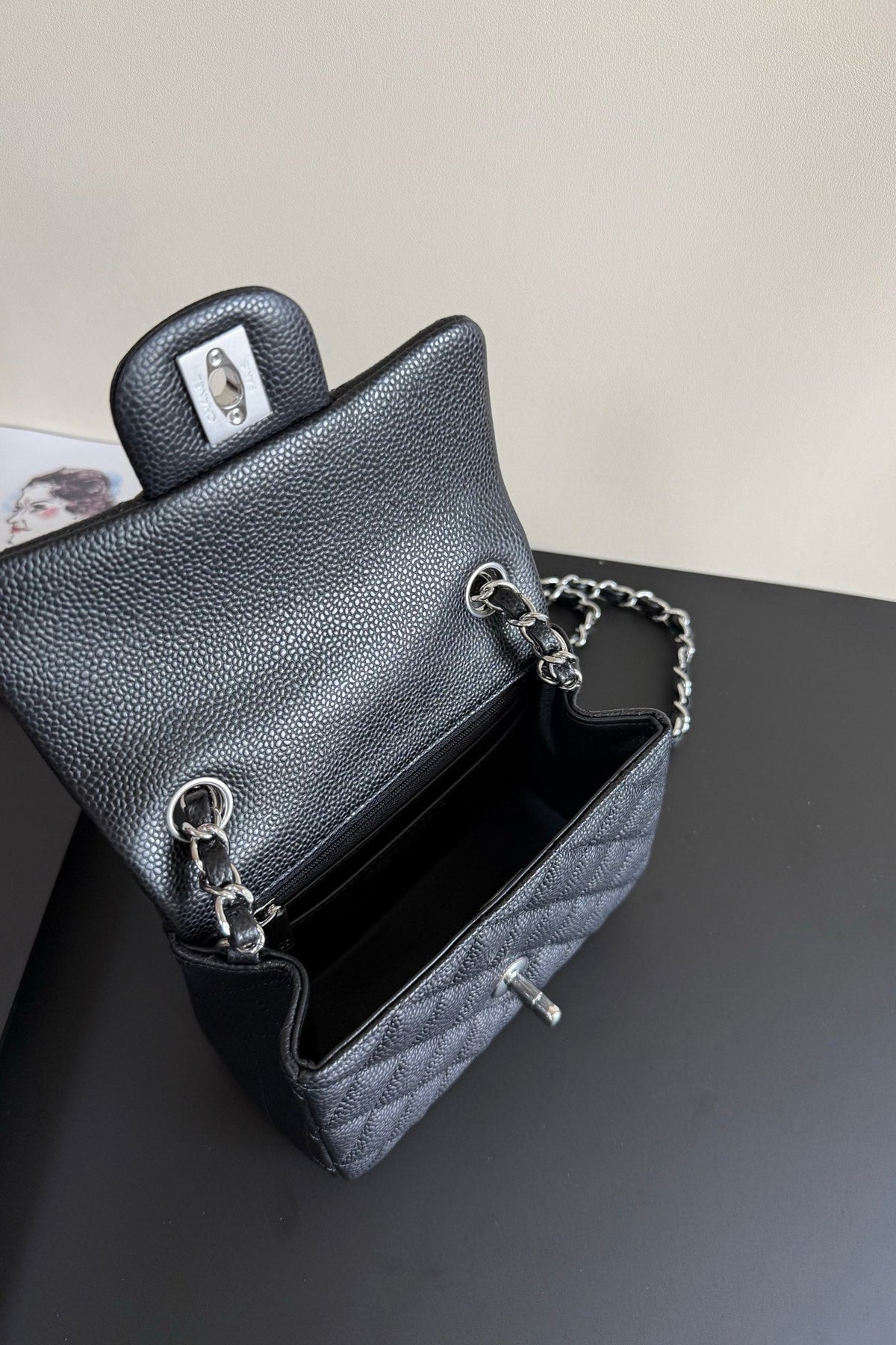 CC Flap Bag 17cm Black Caviar SHW 284755