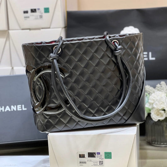 Chanel 25s Cambon Ligne Tote Bag 30cm In Black Calfskin