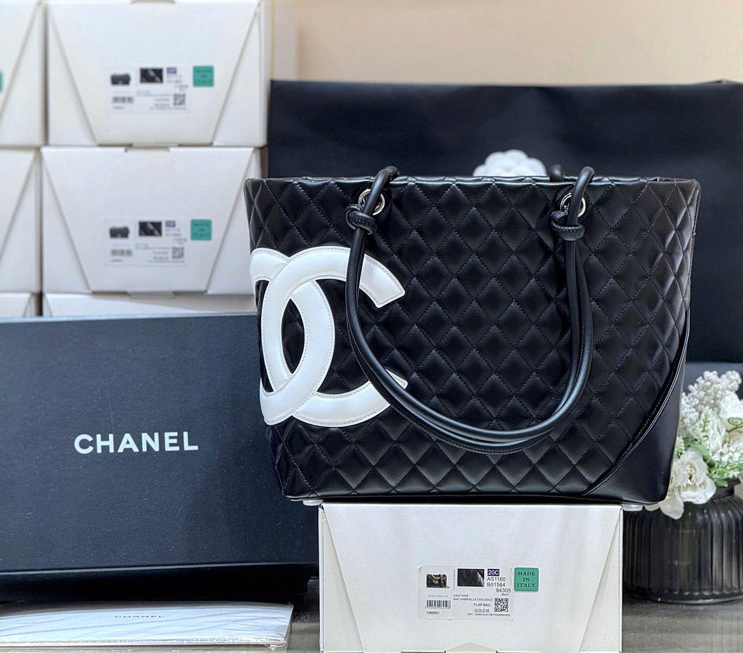 Chanel 25s Cambon Ligne Tote Bag 30cm In Black And White Calfskin
