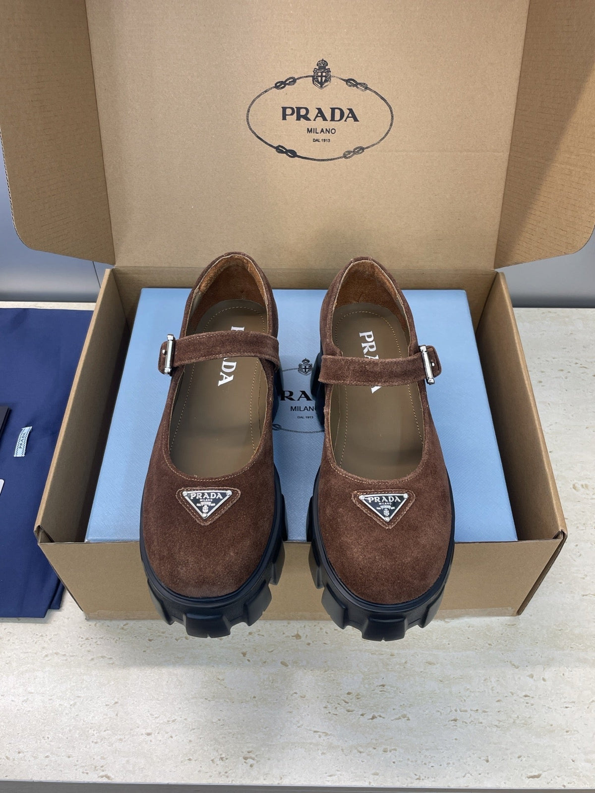 Prada Brushed Monolith Mary Janes Loafer Brown Suede 551880