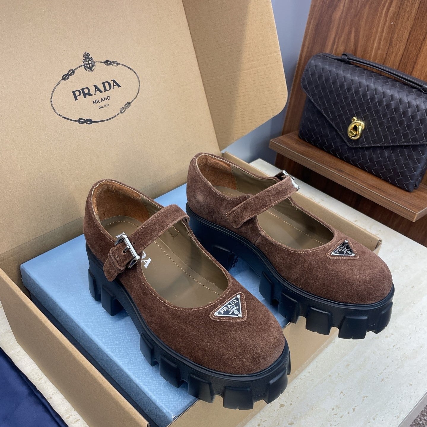 Prada Brushed Monolith Mary Janes Loafer Brown Suede 551880