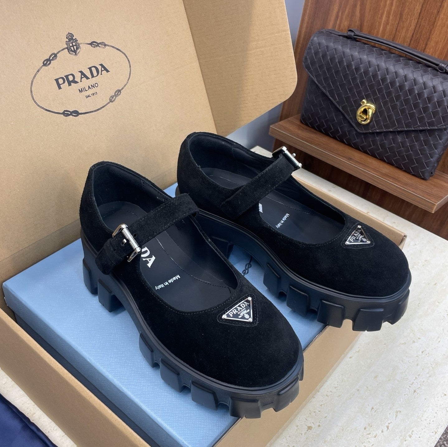 Prada Brushed Monolith Mary Janes Loafer Black Suede 551883
