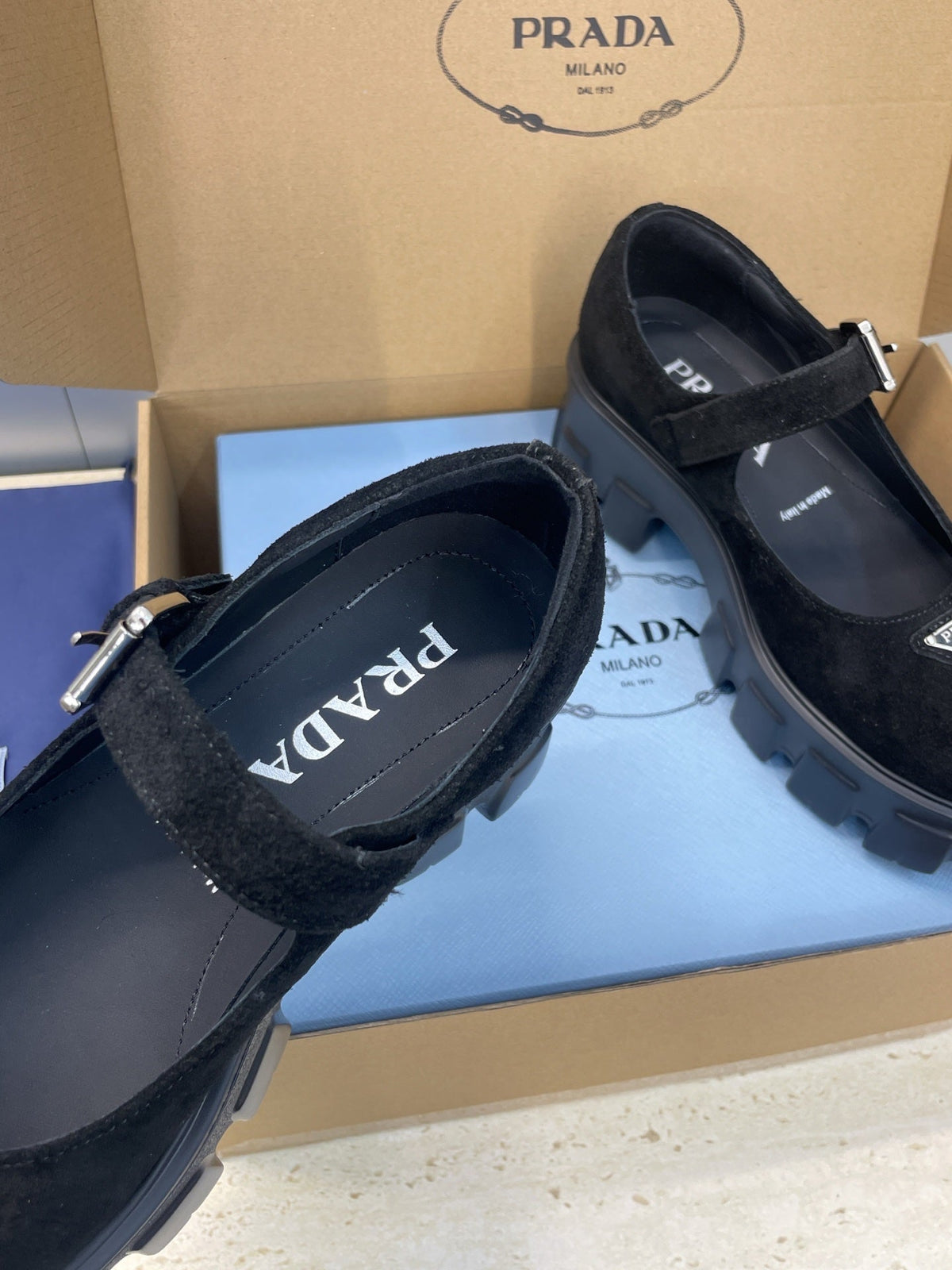 Prada Brushed Monolith Mary Janes Loafer Black Suede 551883