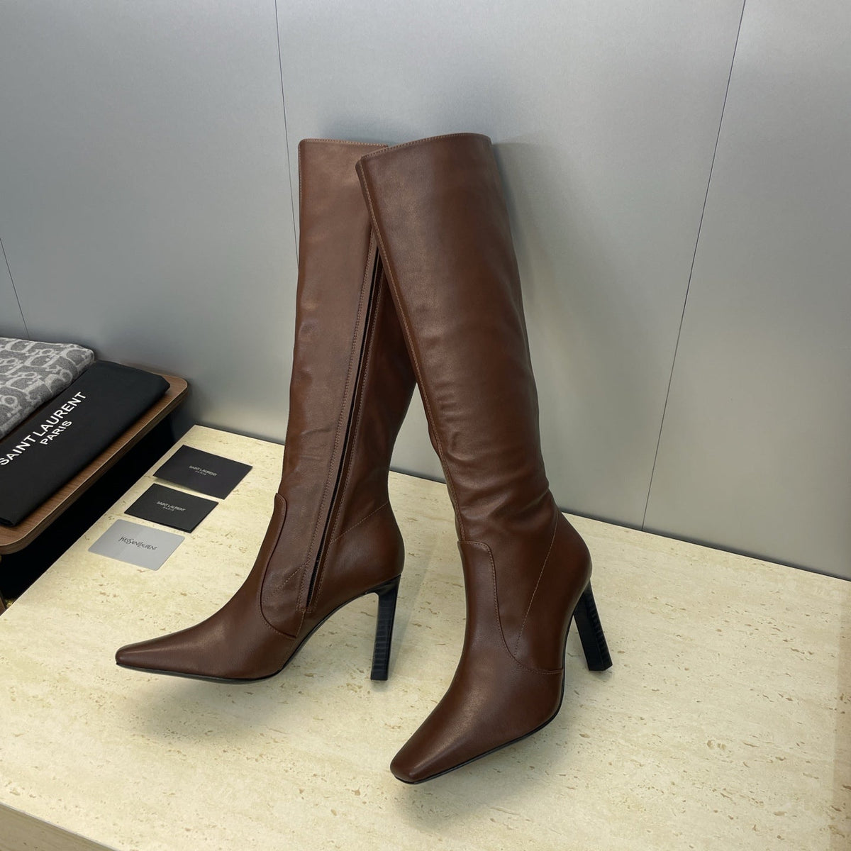 YSL 2025 Square Toe Over-the-Knee Rider Boots Brown Calfskin 574017