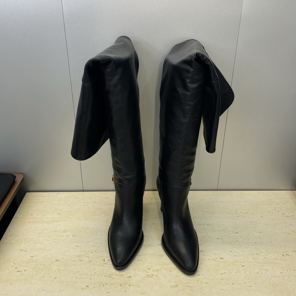 YSL 2025 High-Heeled Pointed-Toe Knee-High Rider Boot Black Calfskin 574018