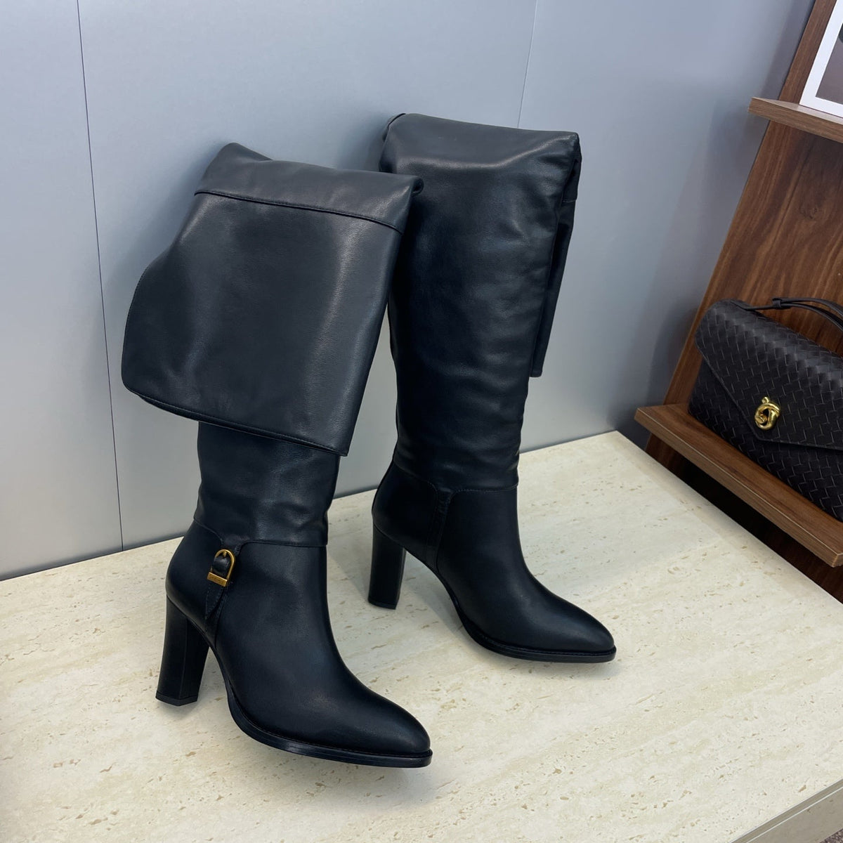 YSL 2025 High-Heeled Pointed-Toe Knee-High Rider Boot Black Calfskin 574018