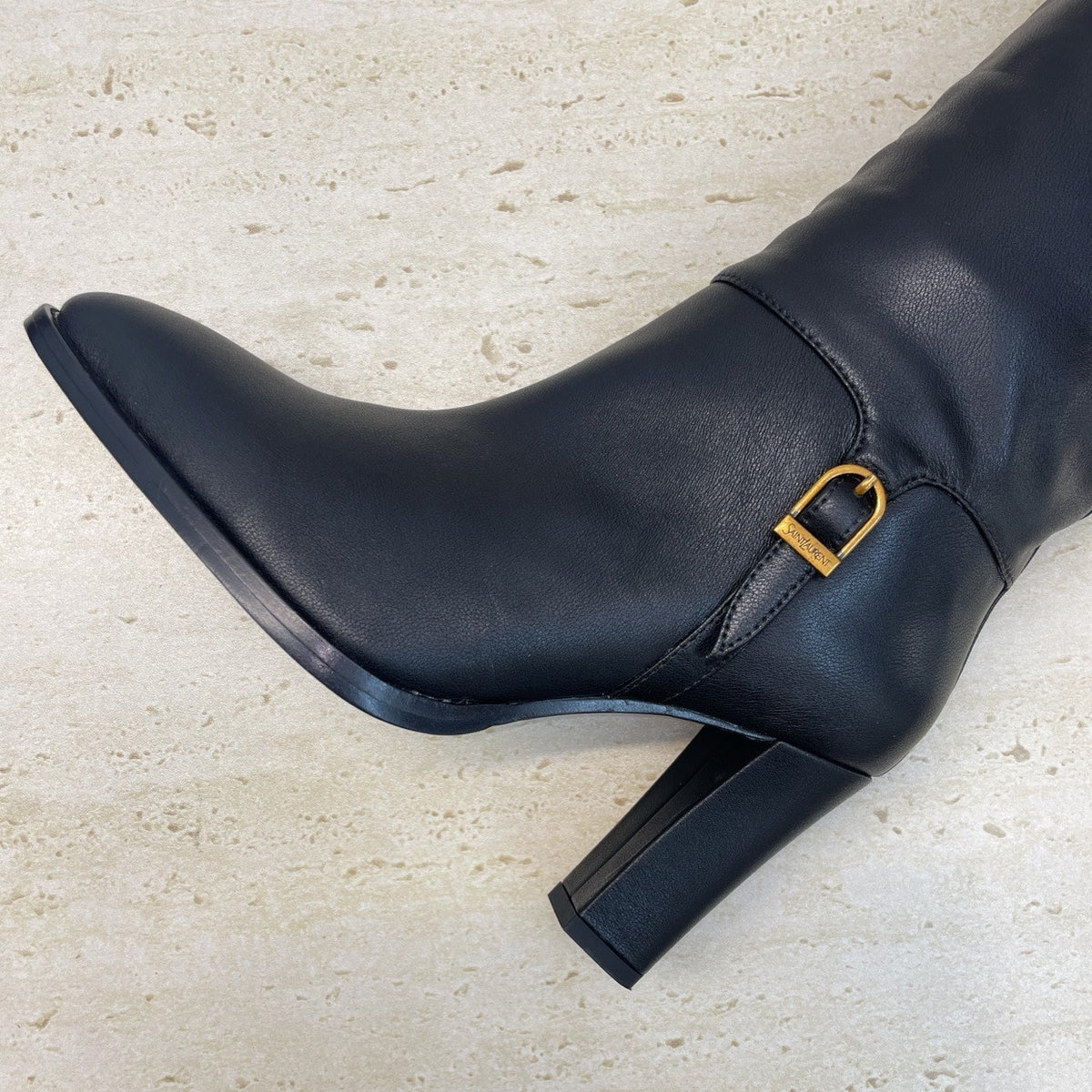 YSL 2025 High-Heeled Pointed-Toe Knee-High Rider Boot Black Calfskin 574018