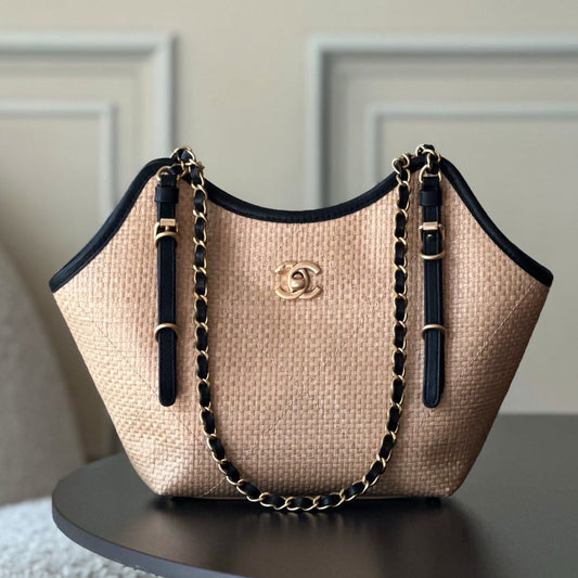 Chanel 2025 Maxi Hobo Bag 31cm Dark Beige mix Black Straw Leather 320858