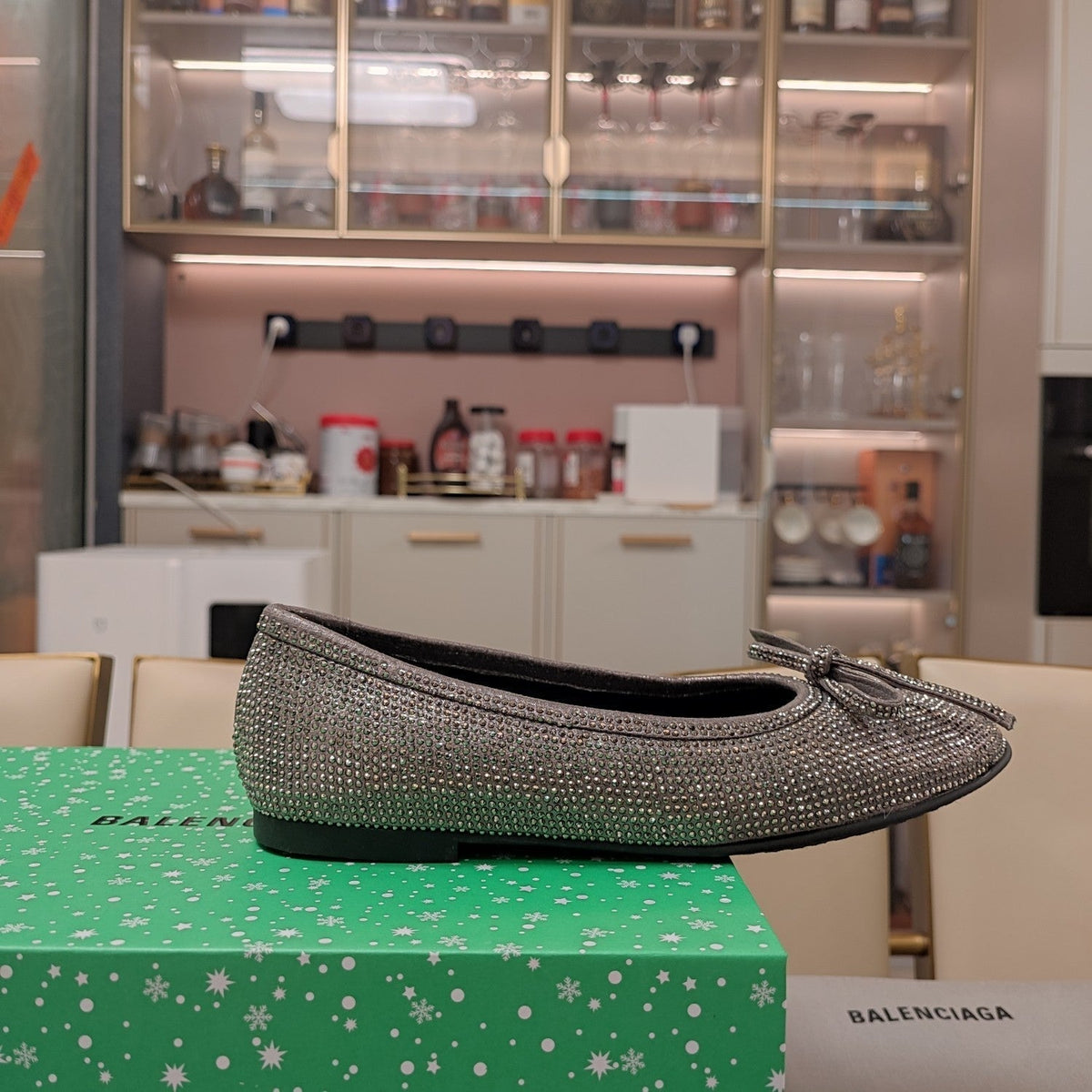 Balen 25 bow ballet flat attached rhinestones in grey calfskin 184484