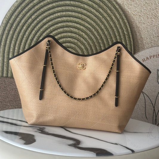 CC Maxi Hobo Bag 43cm Beige Straw Leather