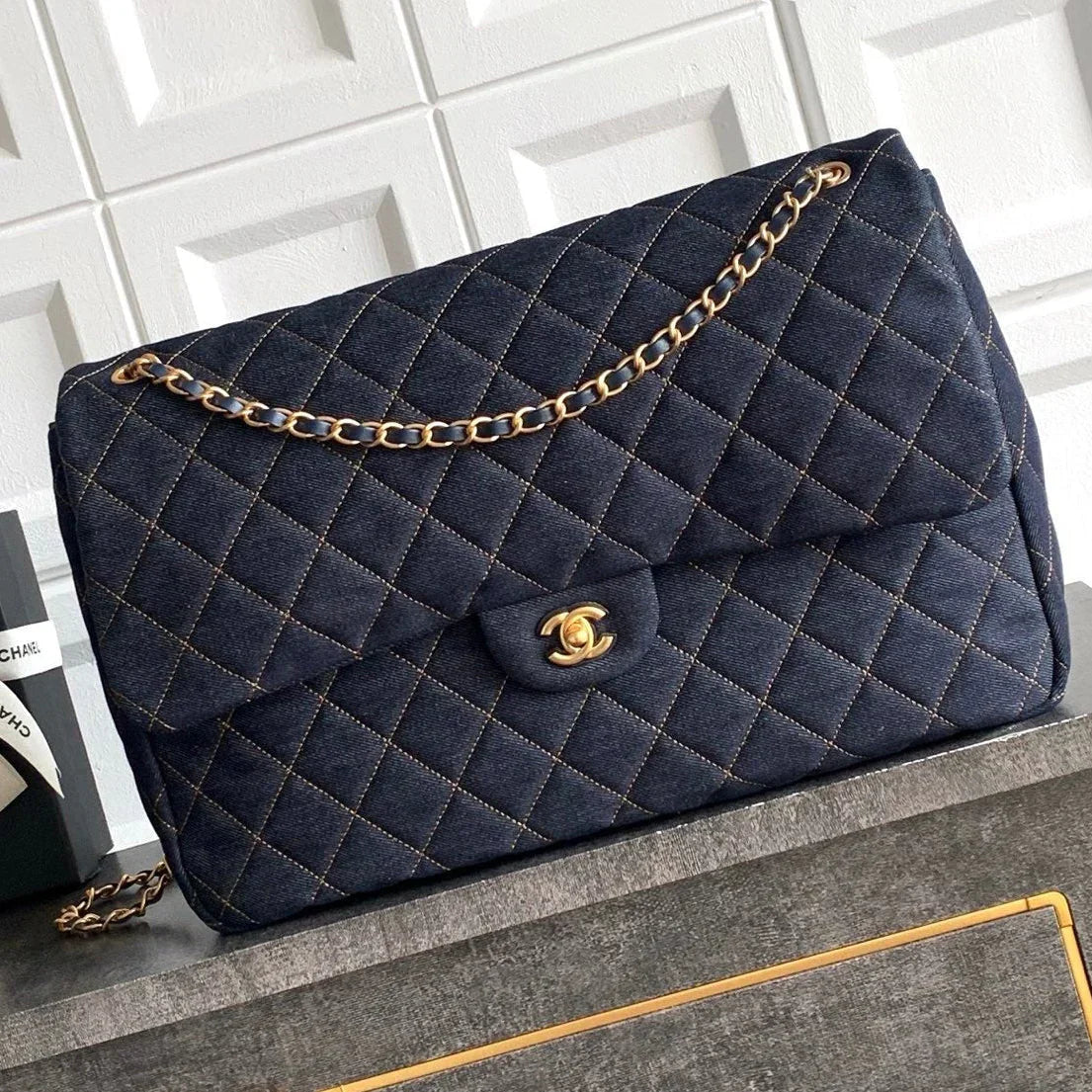 CC  2026 Flap Bag 38.5cm Blue Denim Leather