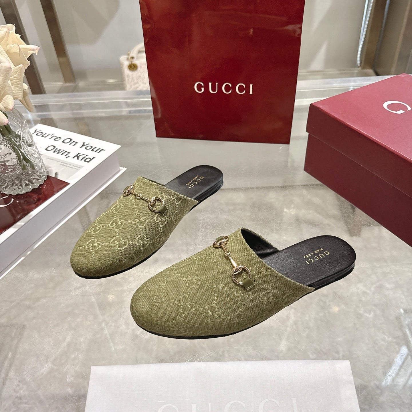 GG 26s Mule With Horsebit Olive Green Canvas 664806