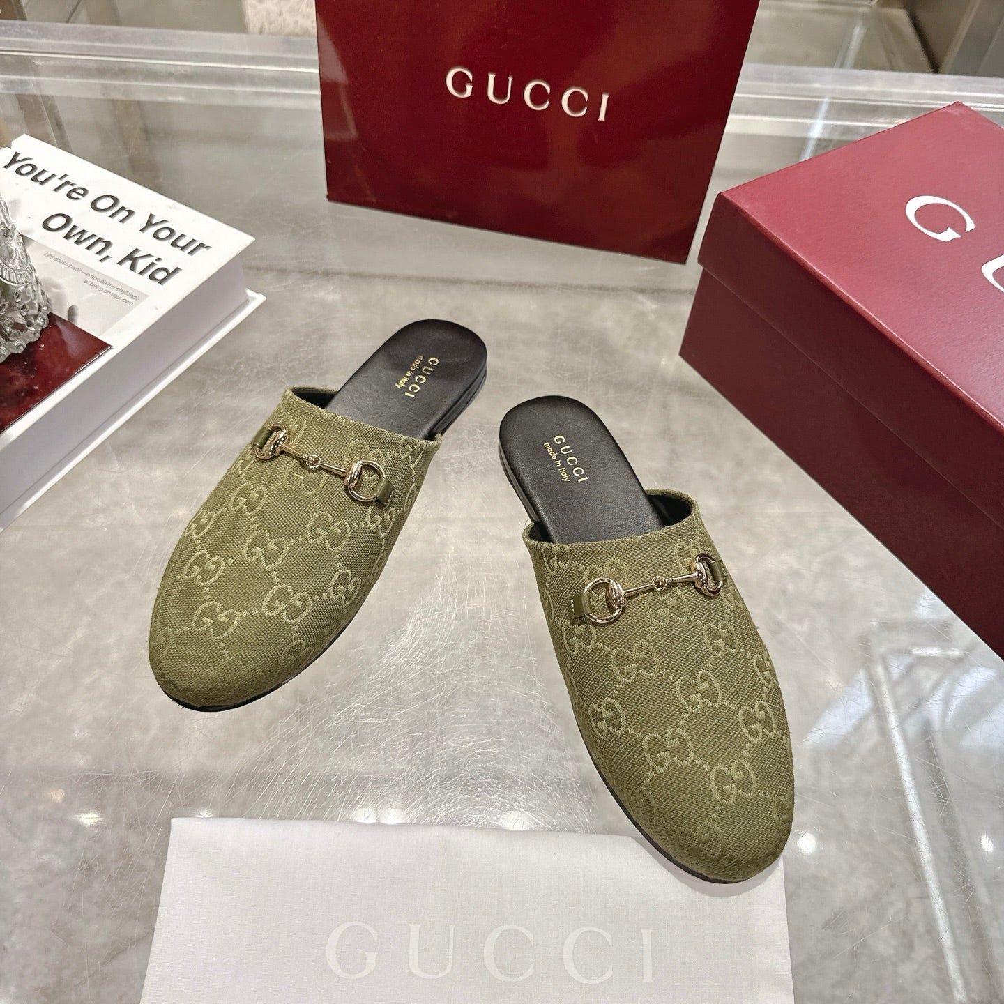 GG 26s Mule With Horsebit Olive Green Canvas 664806