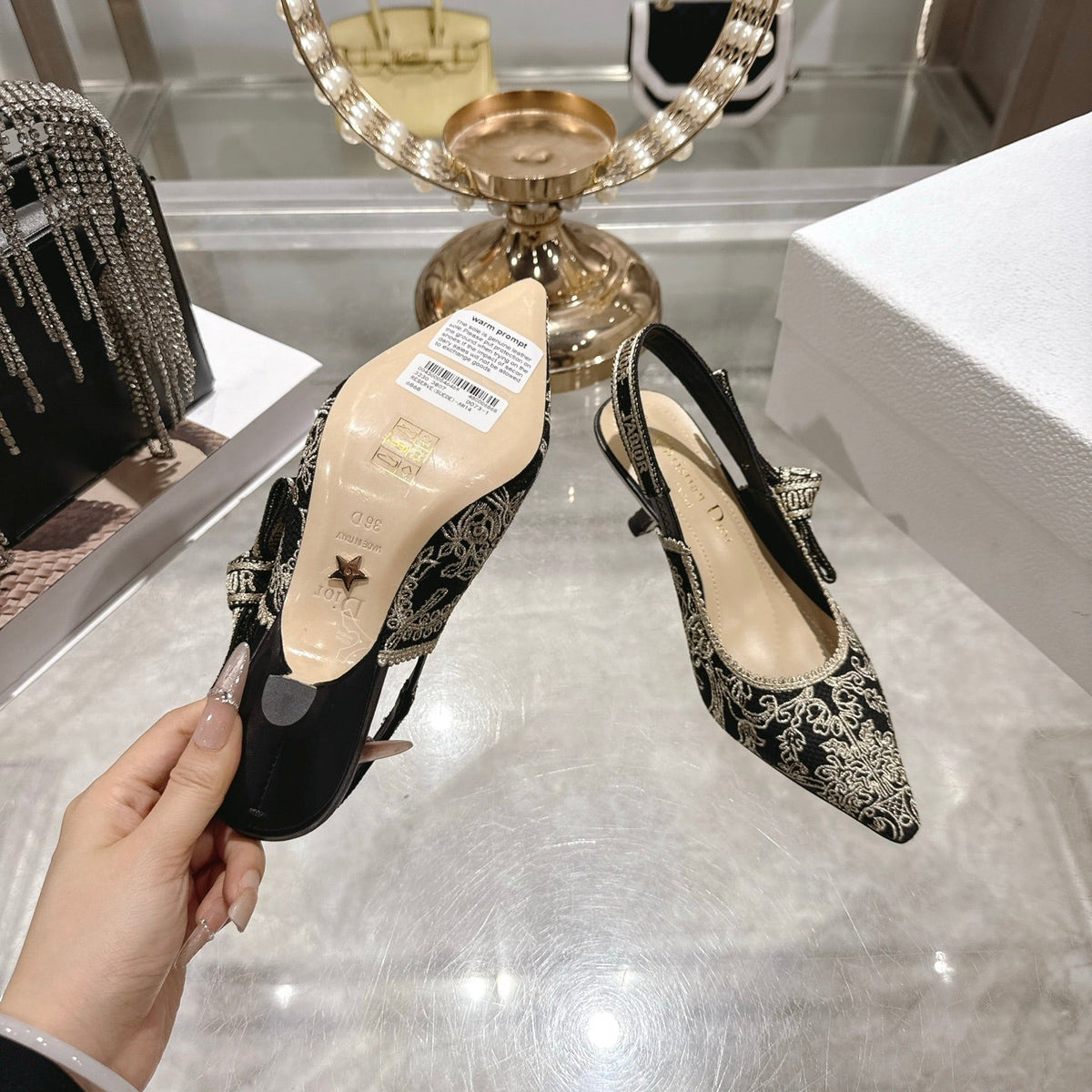 CD 26 Slingback Metallic Floral Embroidery 45mm Black Gold Tweed 592235