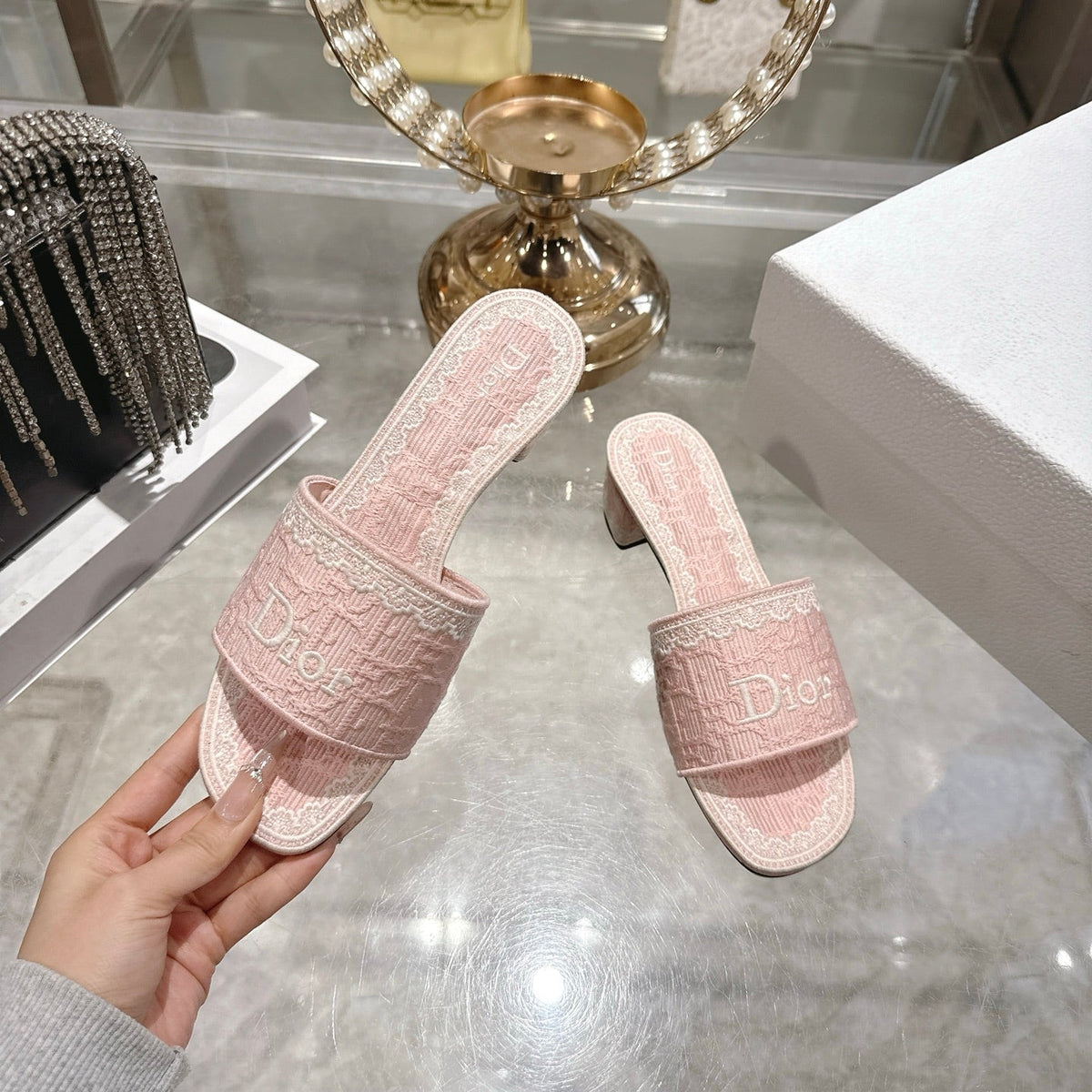 CD 26 Embroidered Sandals 45mm Pink White Canvas 592241