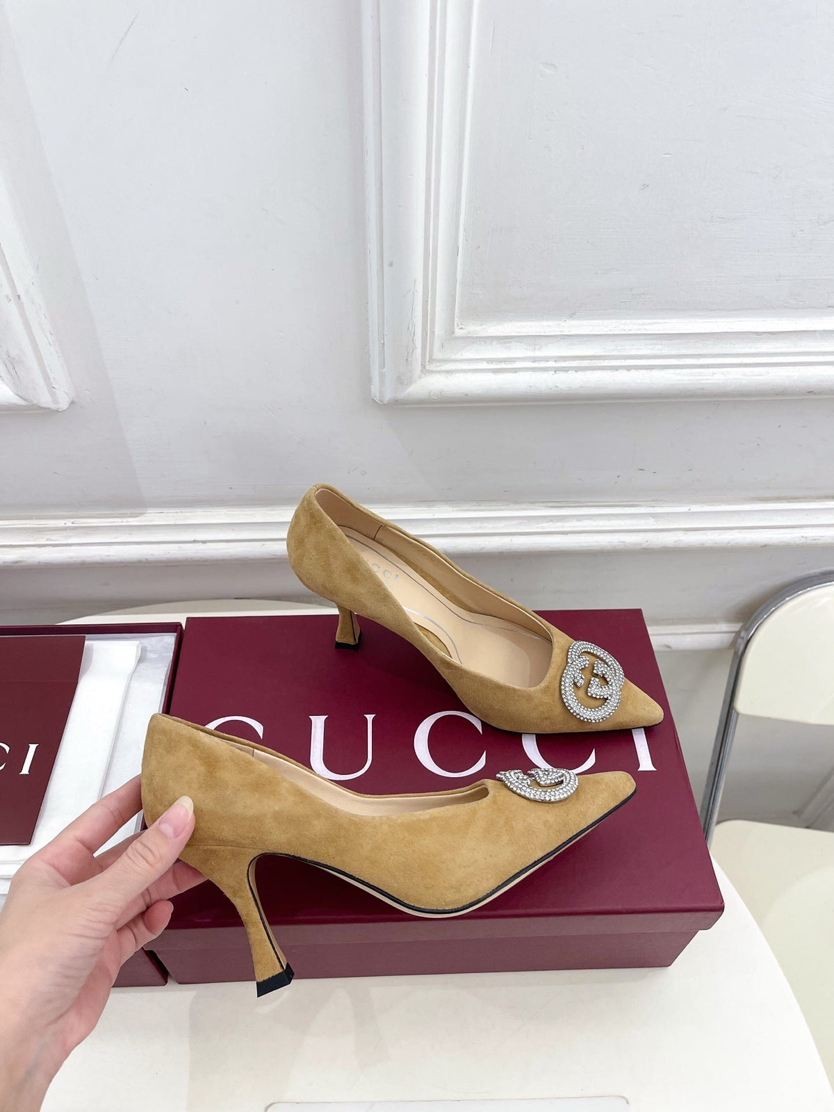 GG 26 High-Heeled 85 Pumps Beige Suede 587077