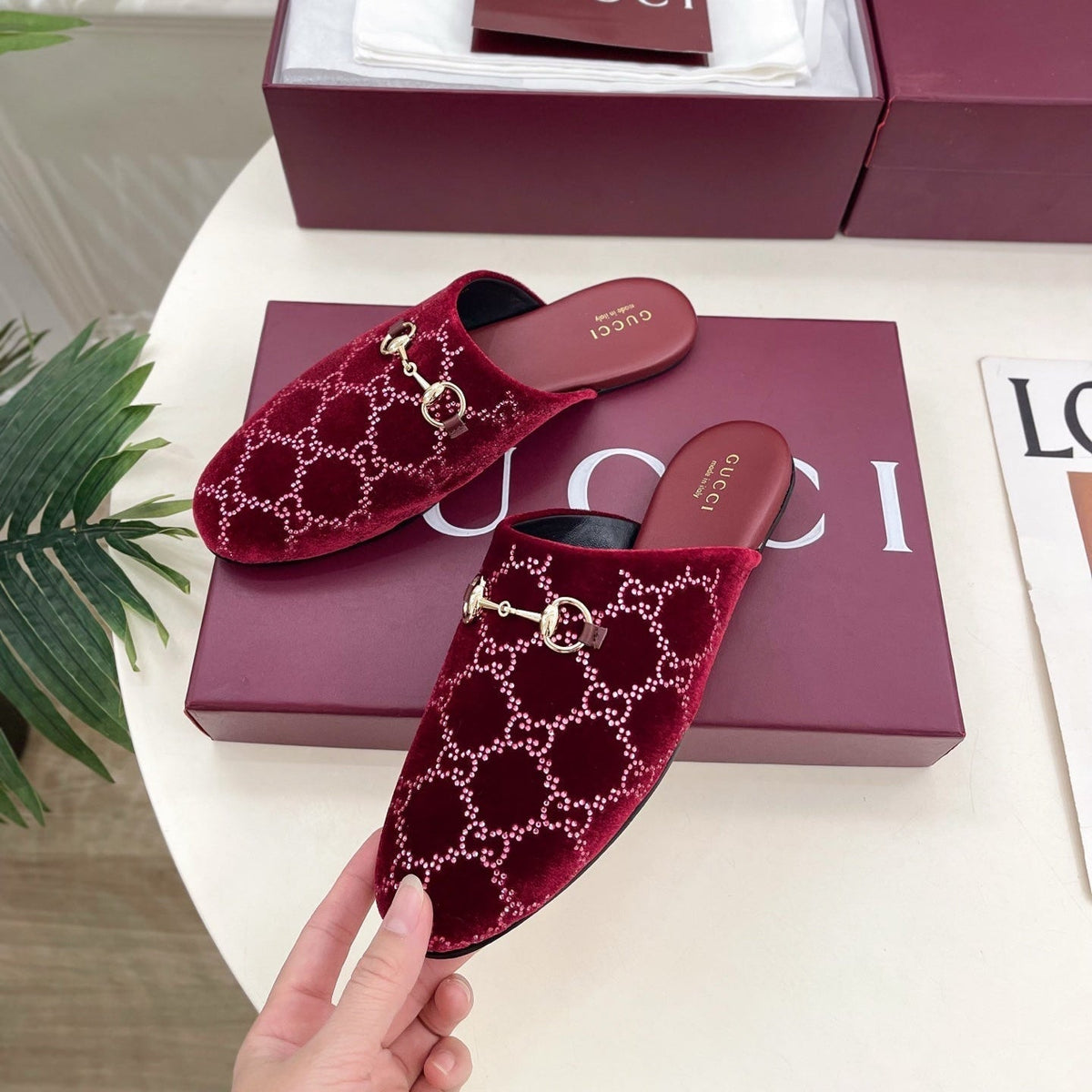 GG 26 Horsebit Flat Mules Rhinestones Red Velvet 587081