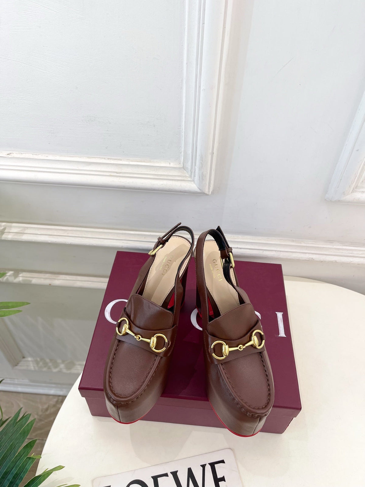 GG Horsebit Platform Loafer Slingback Brown Leather 640264