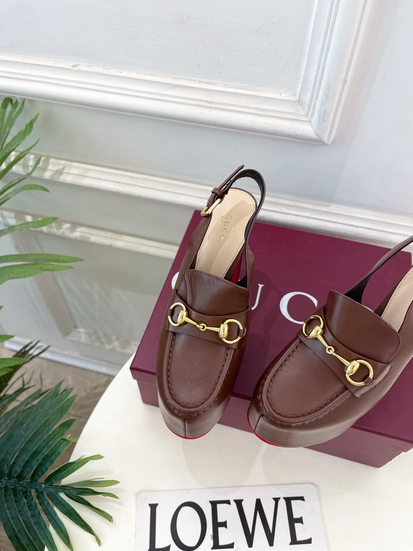 GG Horsebit Platform Loafer Slingback Brown Leather 640264