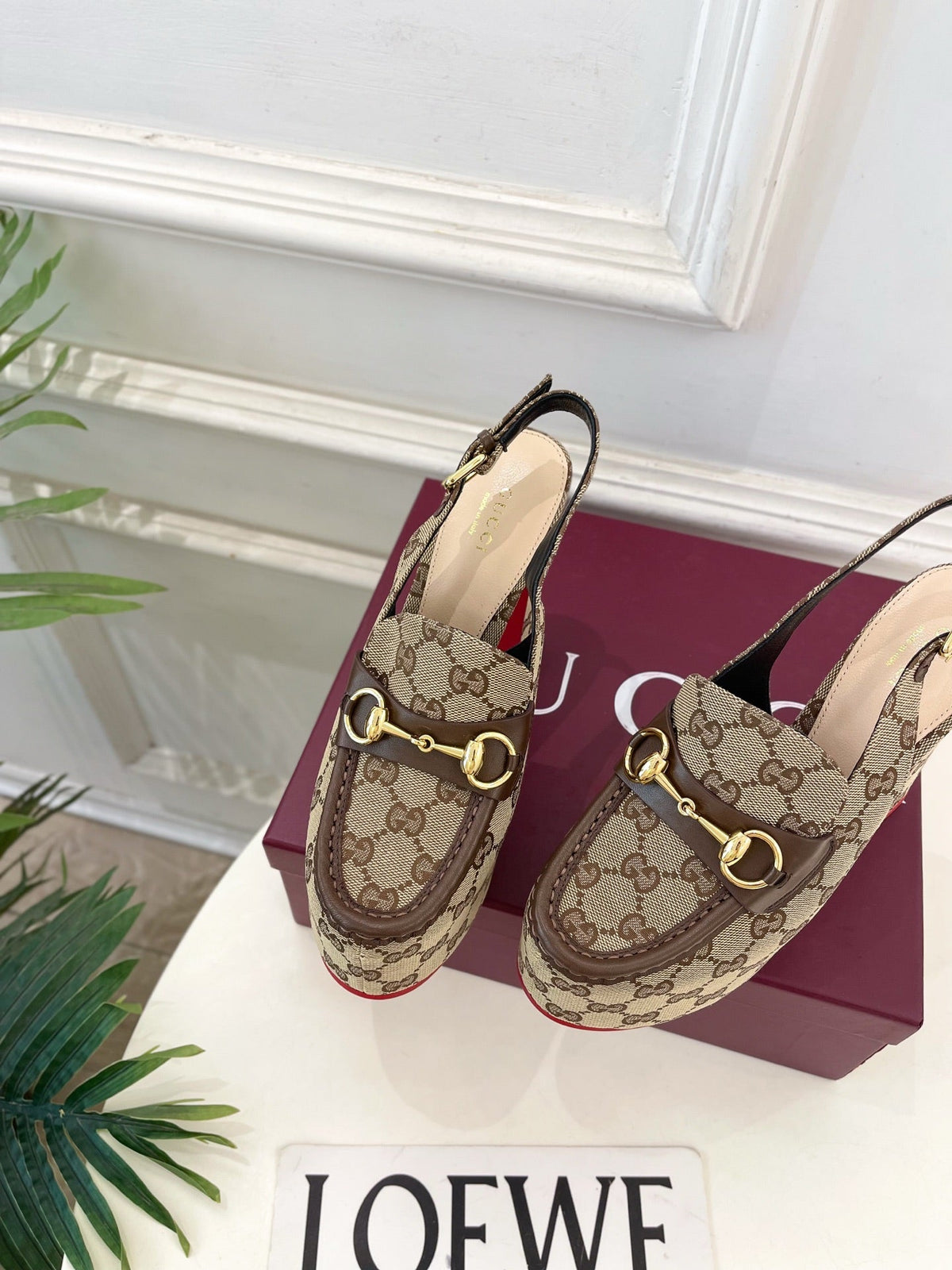 GG 26SS Platform Sandals 130 Beige Brown Monogram Fabric Sheepskin 640267
