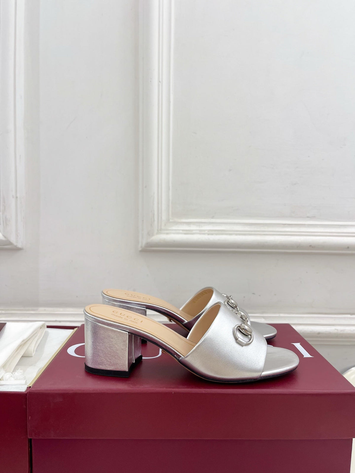 GG 26s Slide Sandal 5.5cm With Horsebit Sliver Leather 640296