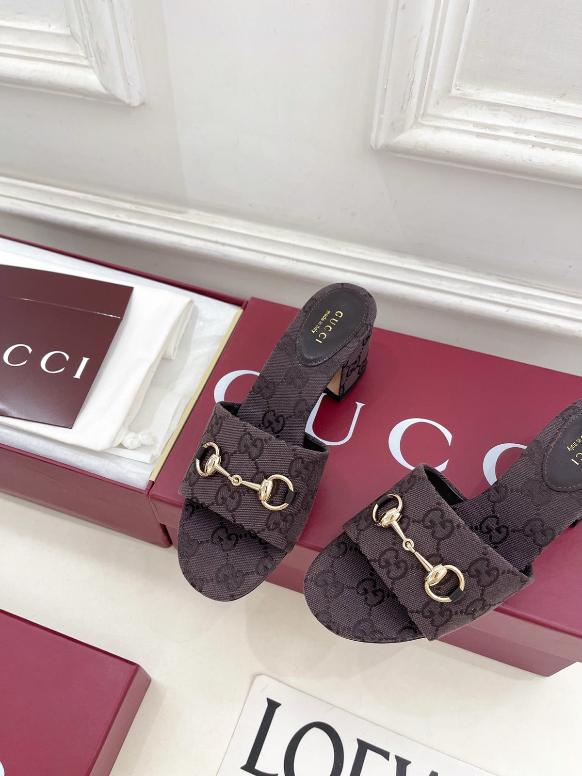 GG 26s Slide Sandal 5.5cm With Horsebit Dark Brown Canvas 640297