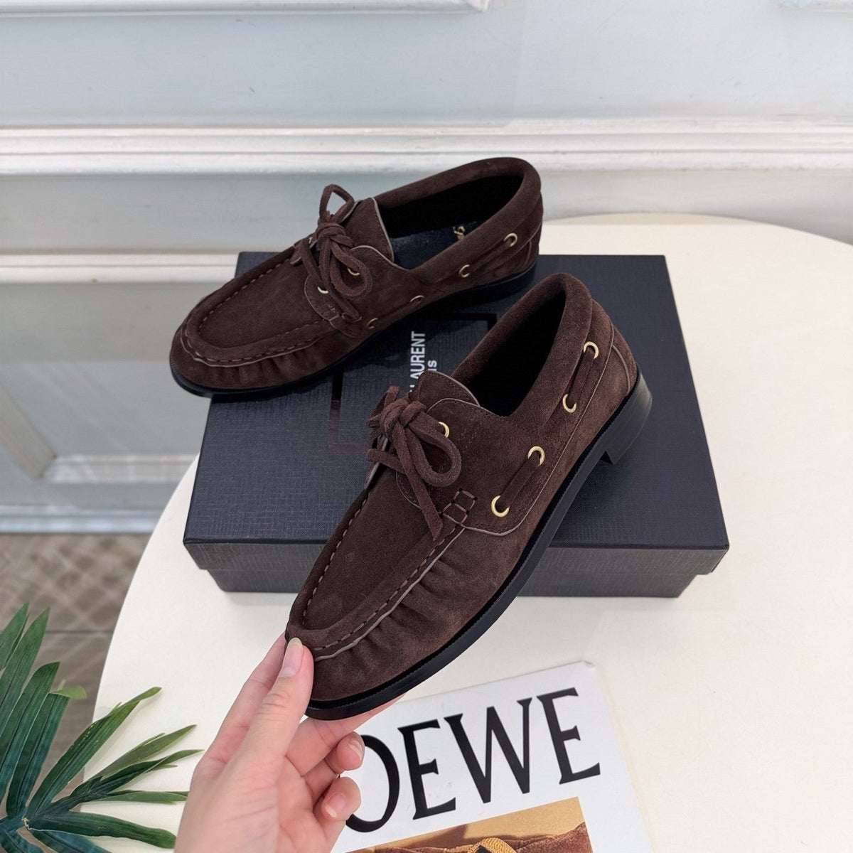 YSL Le Loafer Bateau Boat Shoes Dark Brown Suede 112328