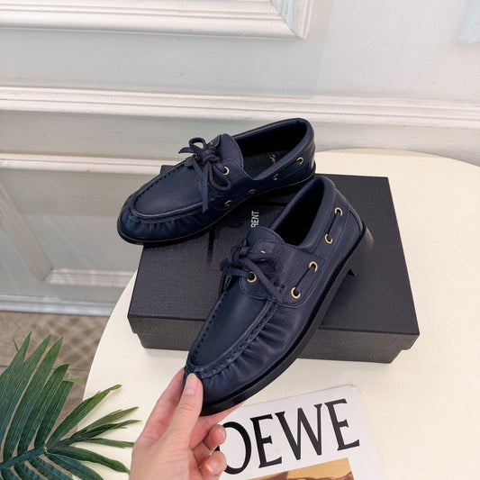 YSL Le Loafer Bateau Boat Shoes Navy Blue Smooth Leather 112333