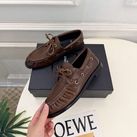 YSL Le Loafer Bateau Boat Shoes Brown Smooth Leather 112334