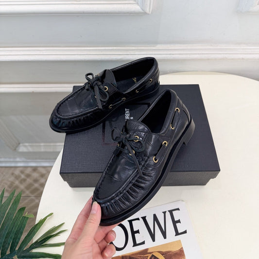 YSL Le Loafer Bateau Boat Shoes Black Croc Embossed Leather 112335