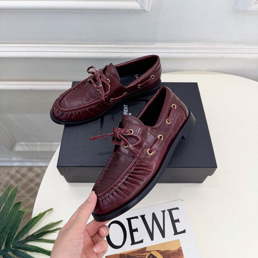 YSL Le Loafer Bateau Boat Shoes Deep Bordeaux Croc Embossed Leather 996787