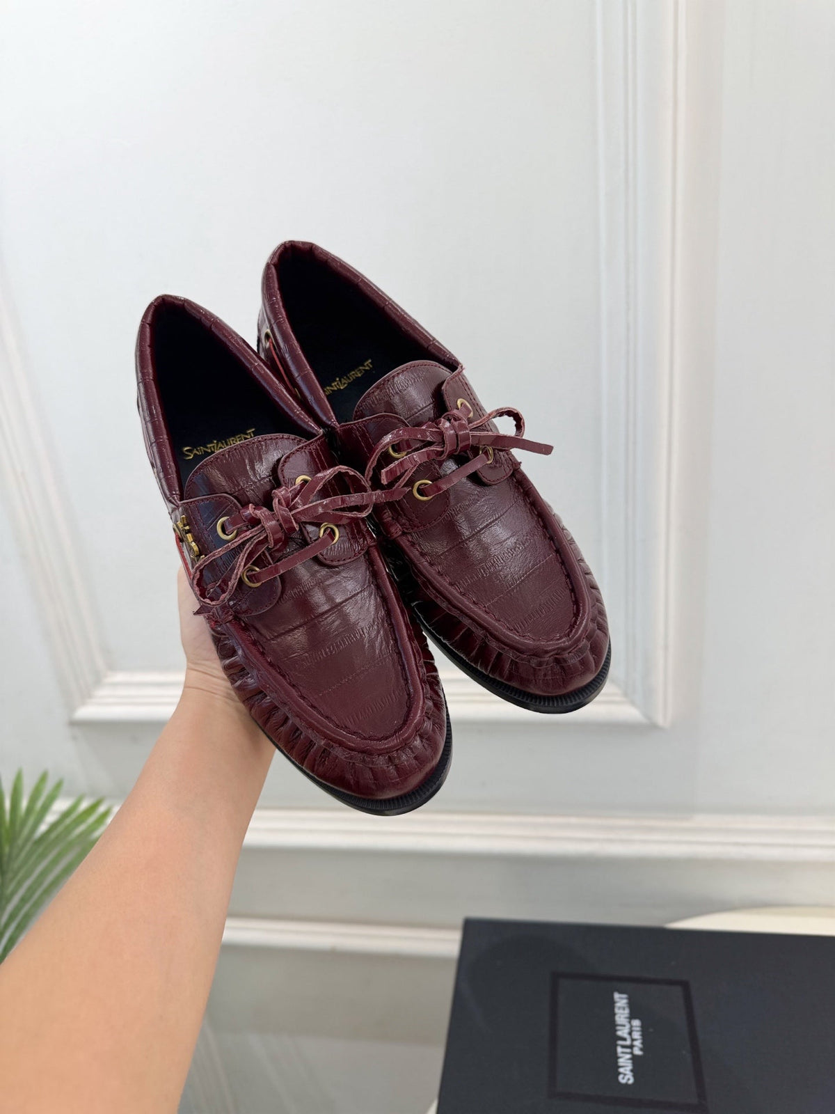 YSL Le Loafer Bateau Boat Shoes Deep Bordeaux Croc Embossed Leather 996787