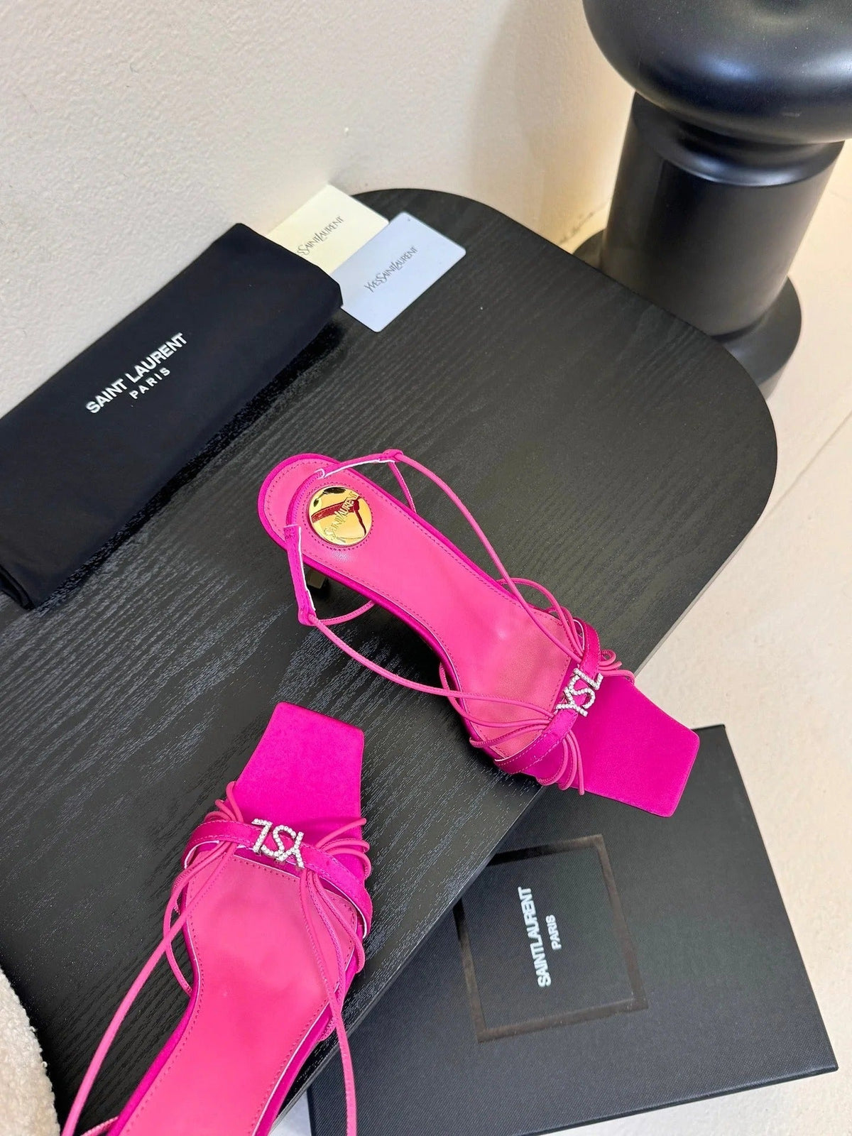 YSL 26ss Square Toe Sandals 70 Bright Pink Silk Sheepskin 651707
