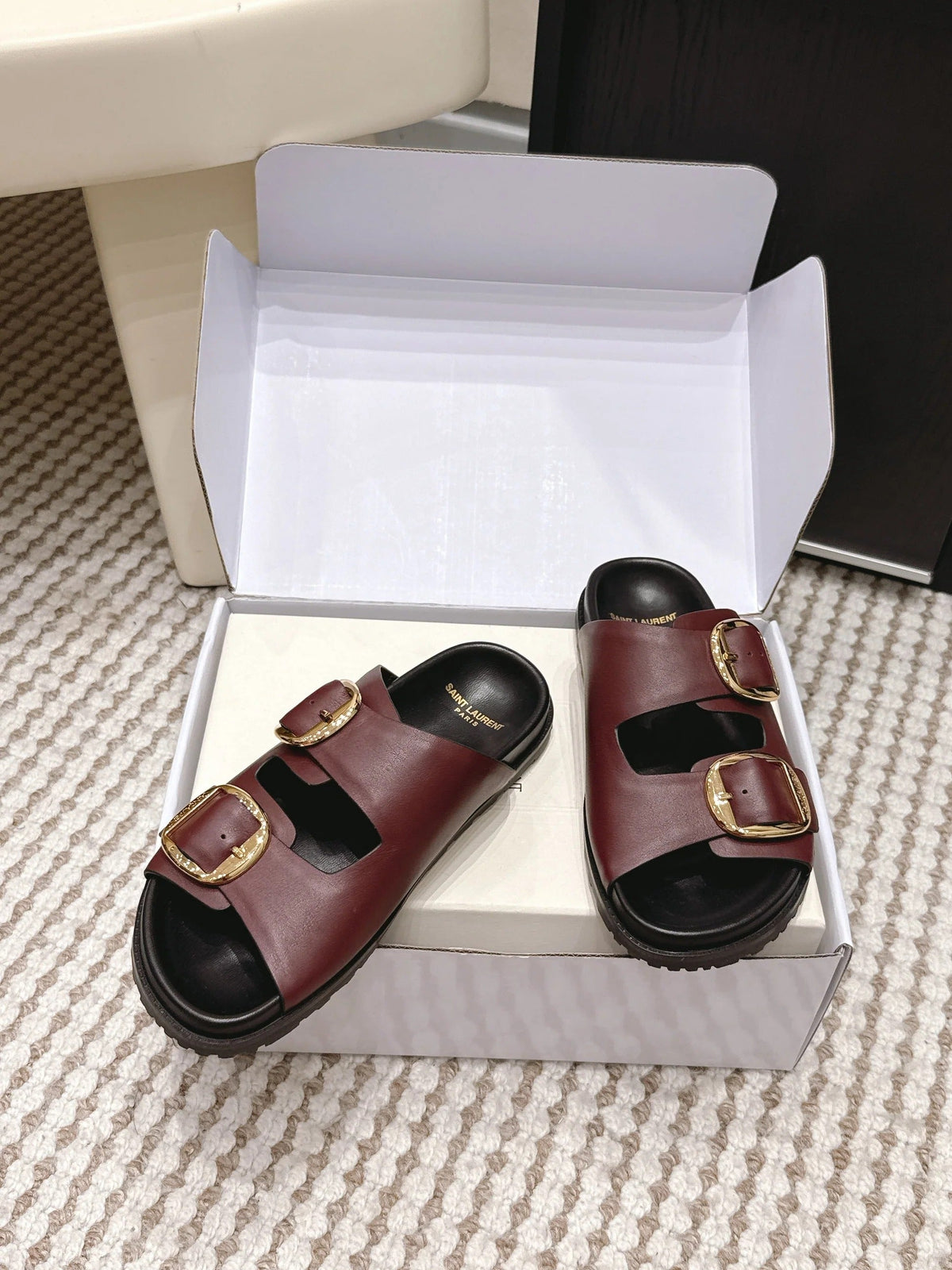 YSL 26ss Platform Slippers Black Burgundy Sheepskin Gold Buckle 663207