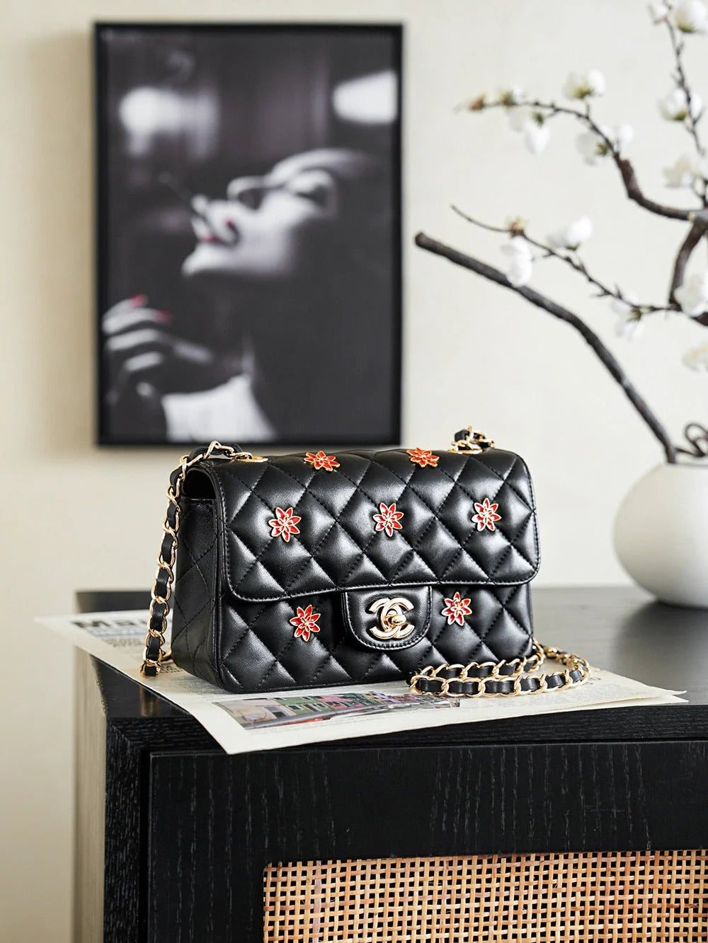 CC 2026 Red Flower Flap Bag 25.5cm Black Lambskin