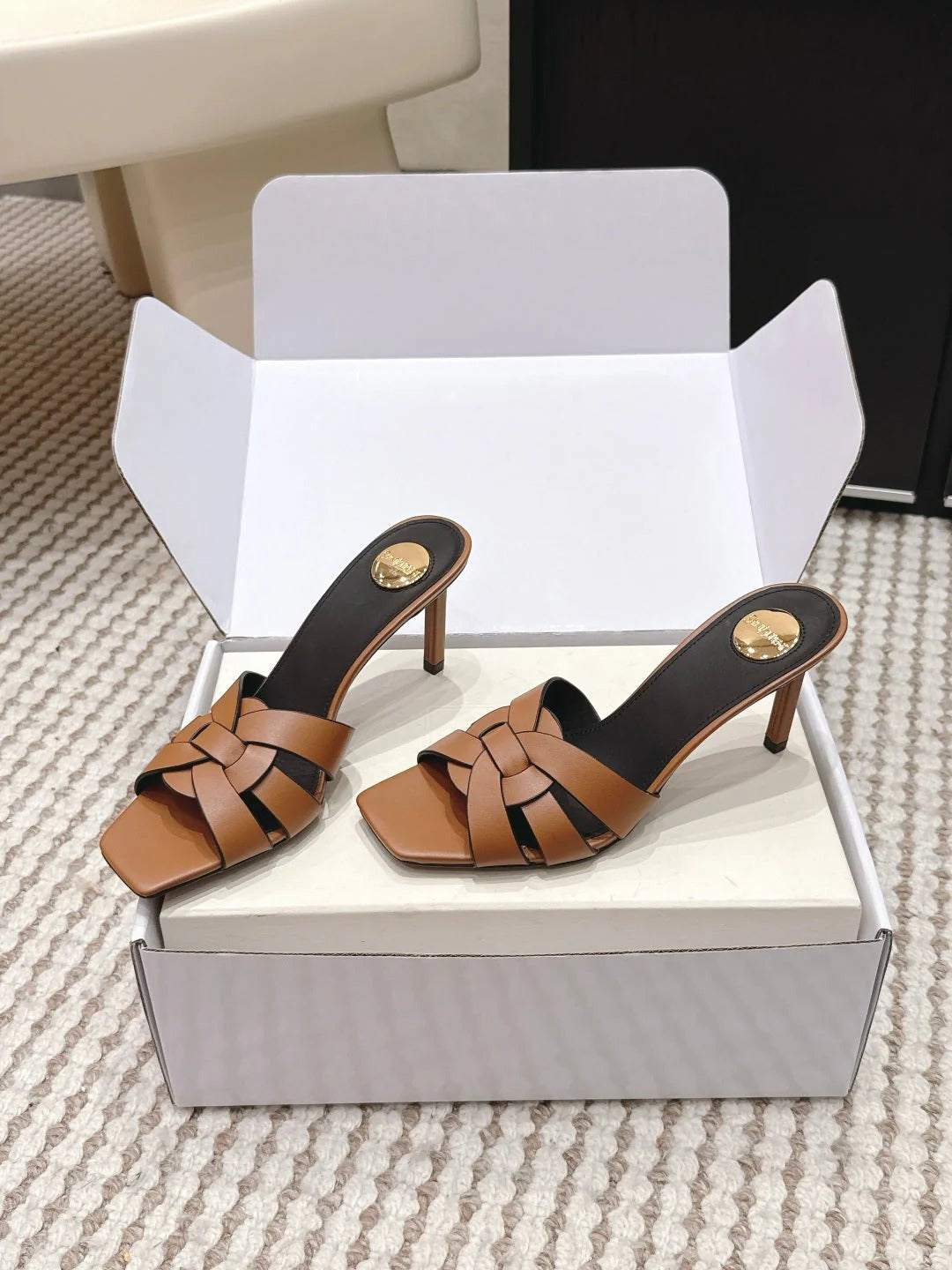 YSL 26ss High-Heeled Slippers 75 Calfskin