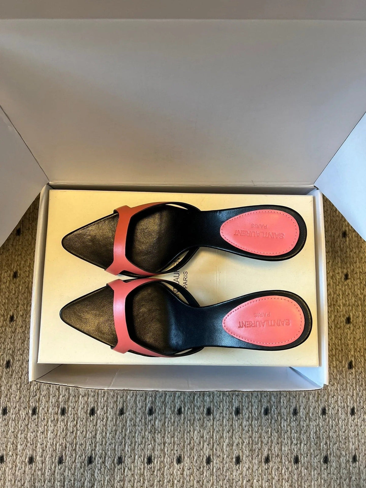 YSL 26ss High Heeled Mules 75 Black Pink Cowhide 651768