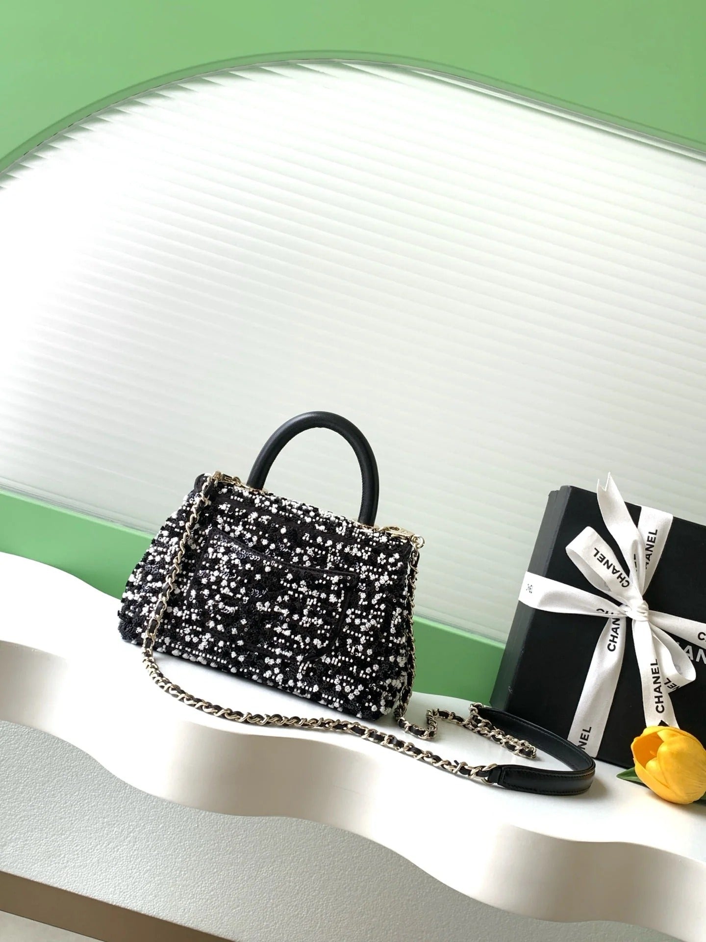 CC 2026 Top Handle Bag 19cm Black White Sequin Leather