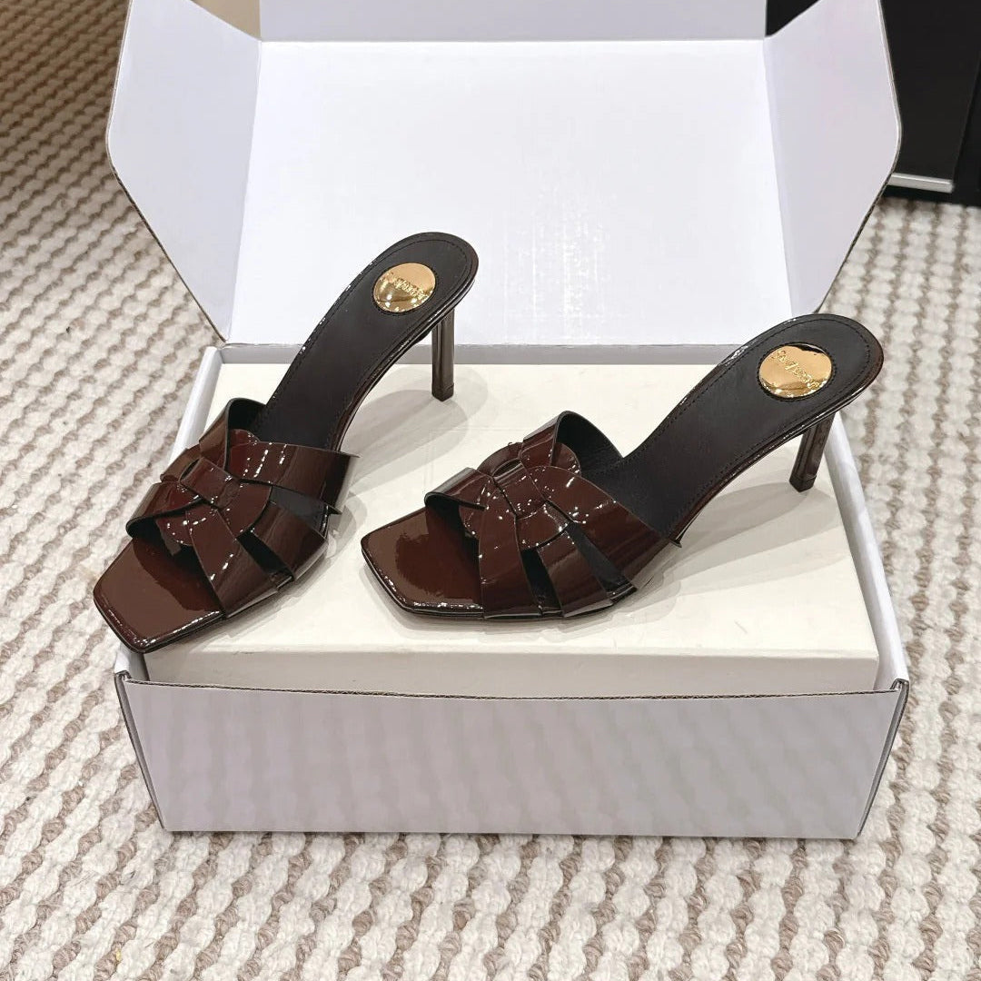 YSL 26ss High-Heeled Slippers 75 Patent Leather