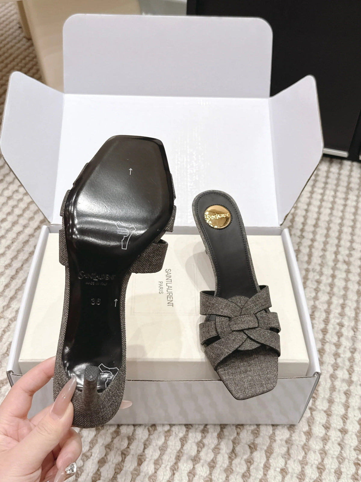 YSL 26ss High-Heeled Slippers 75 Dark Gray Canvas Calfskin 654748