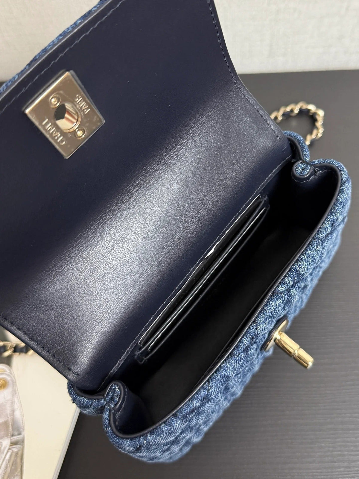 Chanel 2026 Clutch Bag With Strap Blue Black Denim Leather