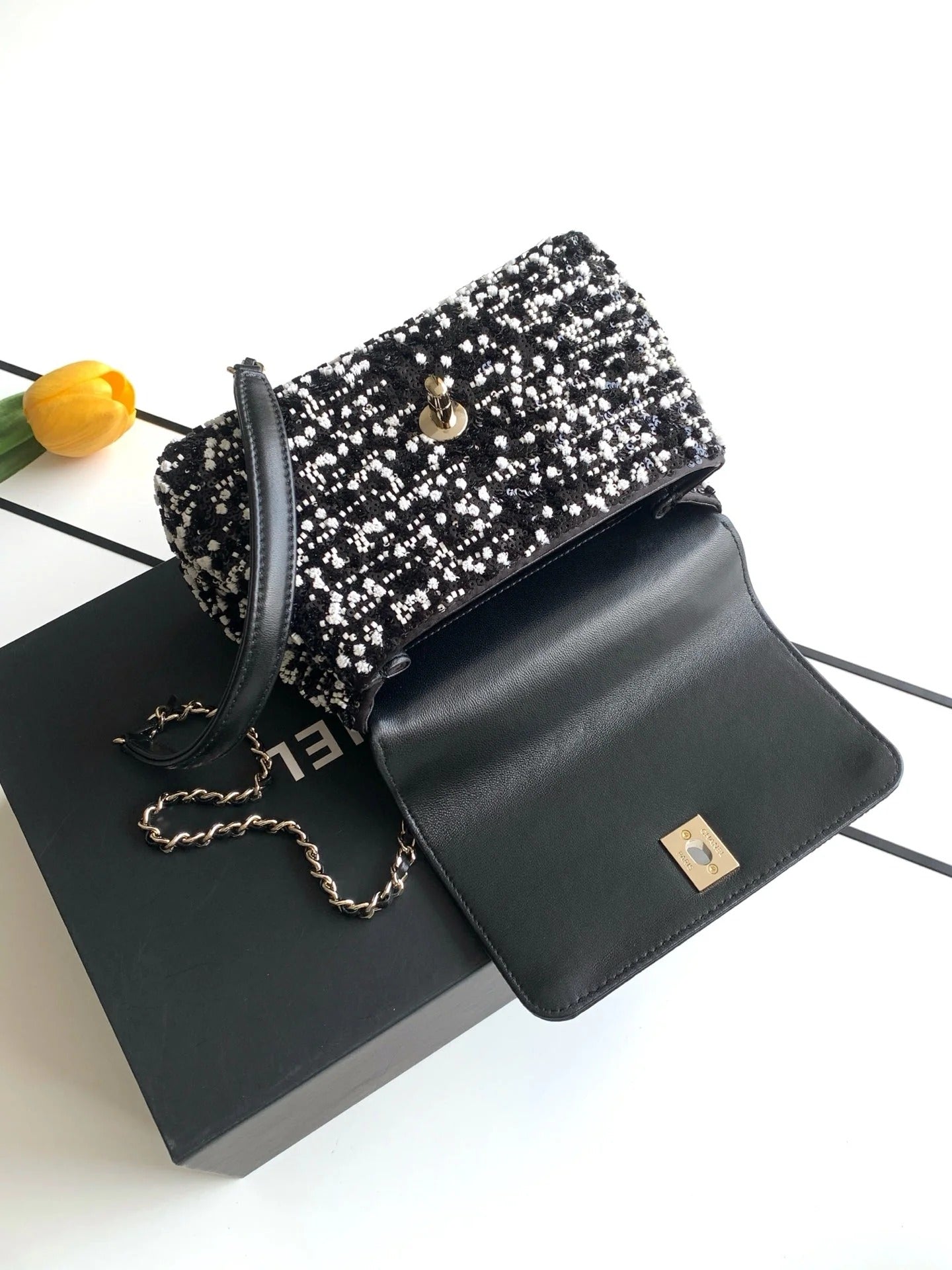 CC 2026 Top Handle Bag 19cm Black White Sequin Leather