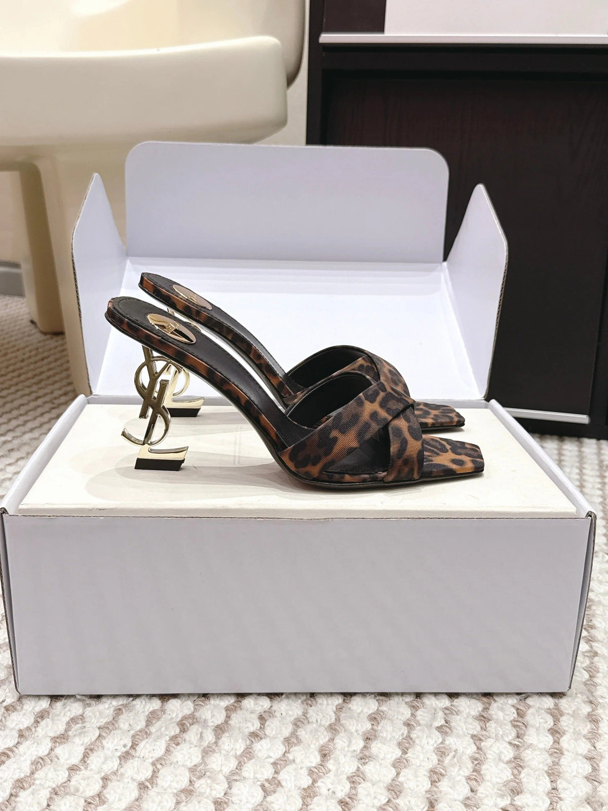 YSL 26ss High-Heeled Mules 85 Leopard Print Fabric Leather 660675