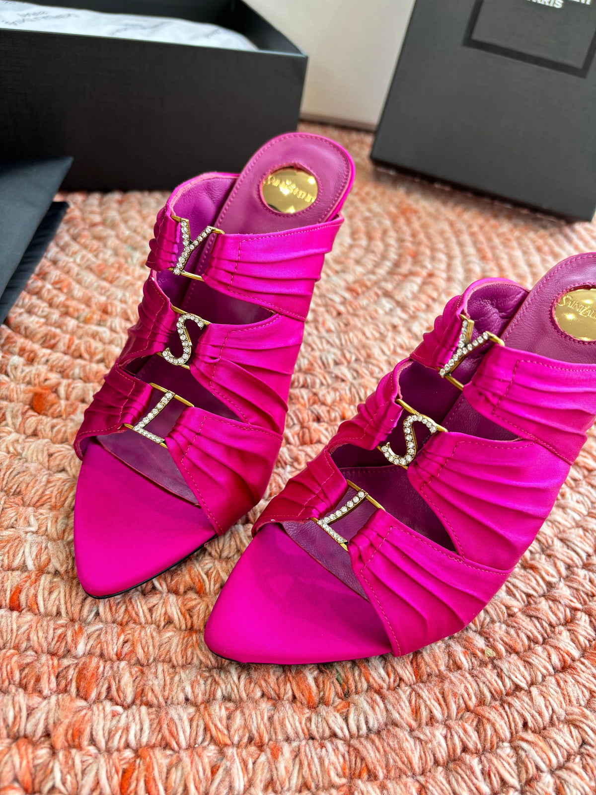 YSL 26ss Pointed High Heels Sandals 110 Fuchsia Pink Silk Leather 648786