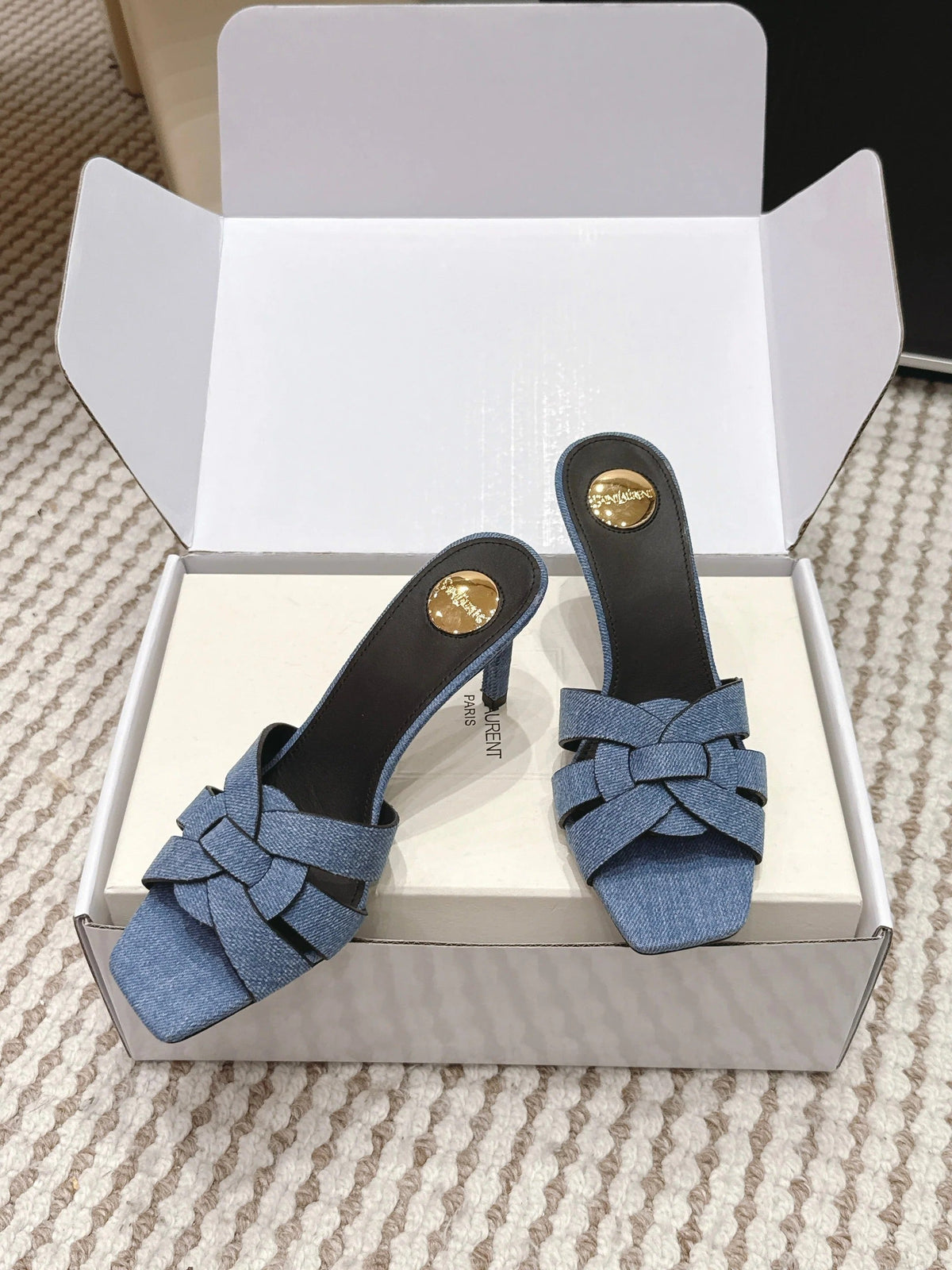 YSL 26ss High-Heeled Slippers 75 Blue Black Denim Calfskin 654747