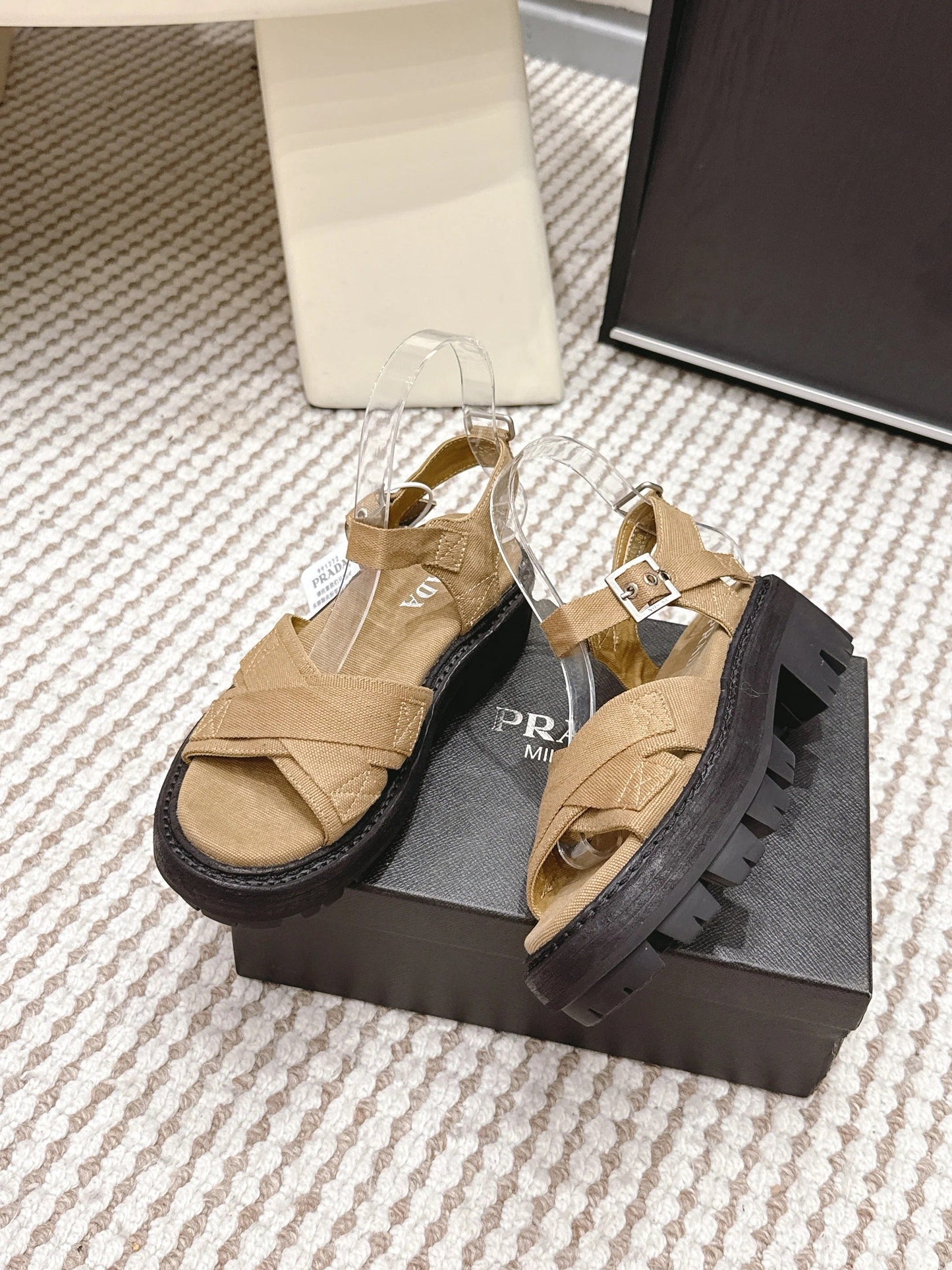 PRA 2026S Platform Sandals Beige Black Canvas 657526