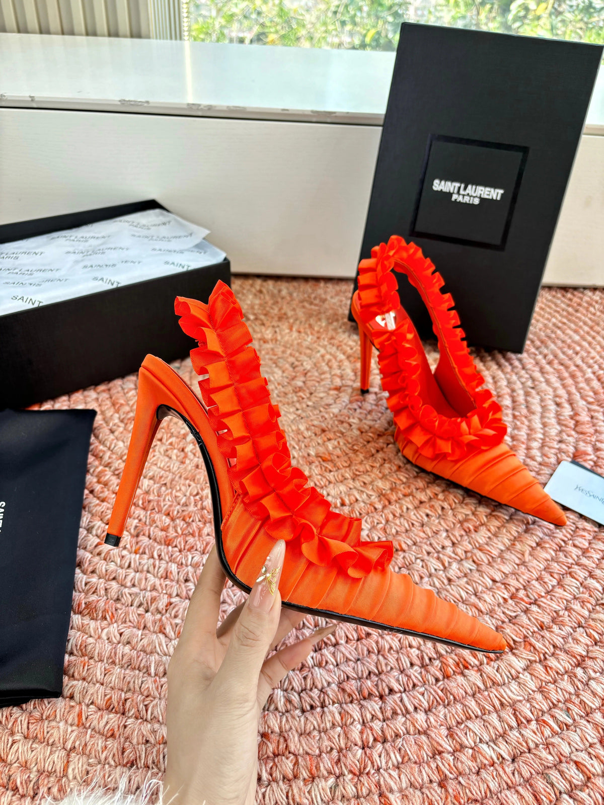 YSL 26ss Slingback Orange Silk Leather 648837